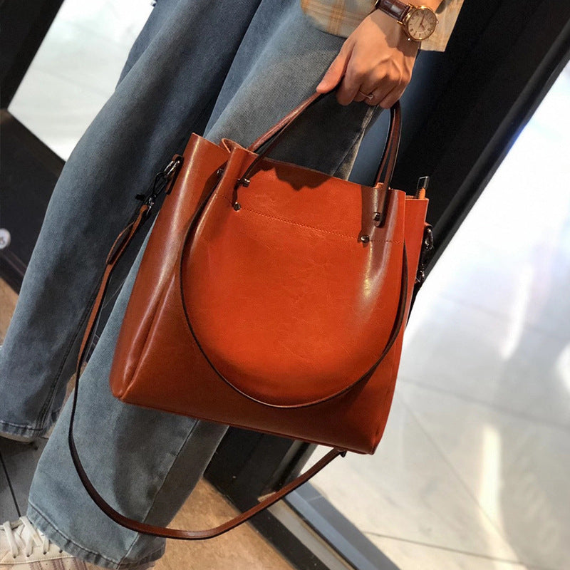 Oil Wax Leather Bucket Bag - Genuine Leather Tote Crossbody Bag detail image 8