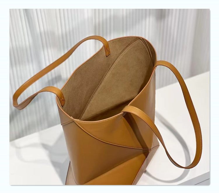 Top Grain Leather Puzzle Fold Tote Bag - Black, Brown, Army Green detail image 3