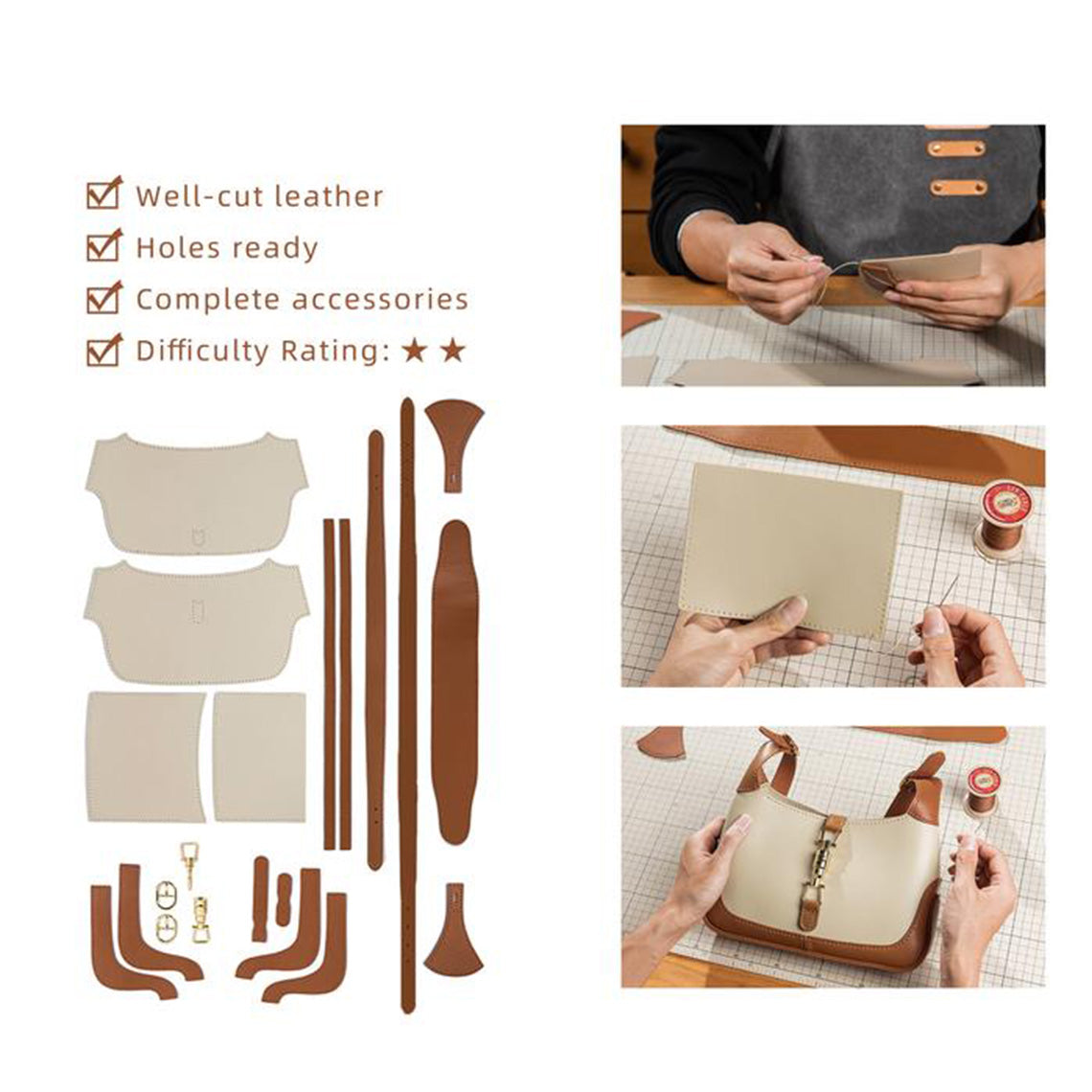 Hobo Shoulder Bag DIY Leathercraft Kit – Brown & Beige or White detail image 2