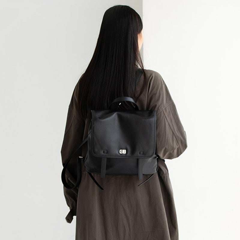 Minimalist Genuine Leather Backpack – Chic Laptop Commuter Bag in Brown and Black detail image 11