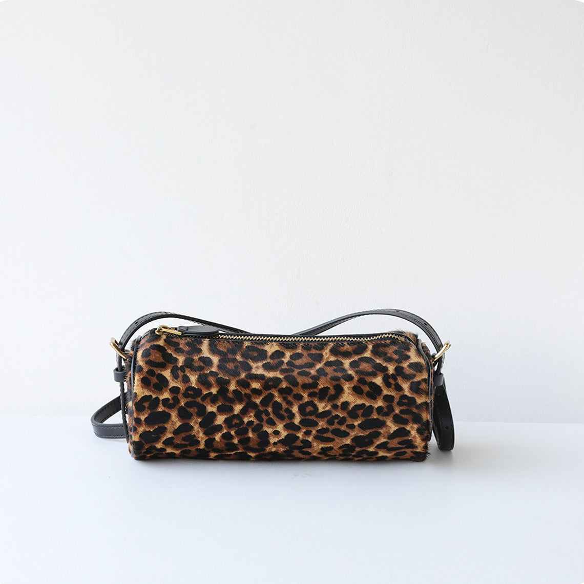 Cylinder Leather Bag with Horse Fur Trim – Cow or Leopard Pattern detail image 10