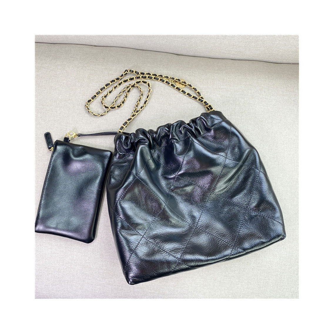 Top Grain Leather Slouchy Chain Bag – Black, White, Pink detail image 4