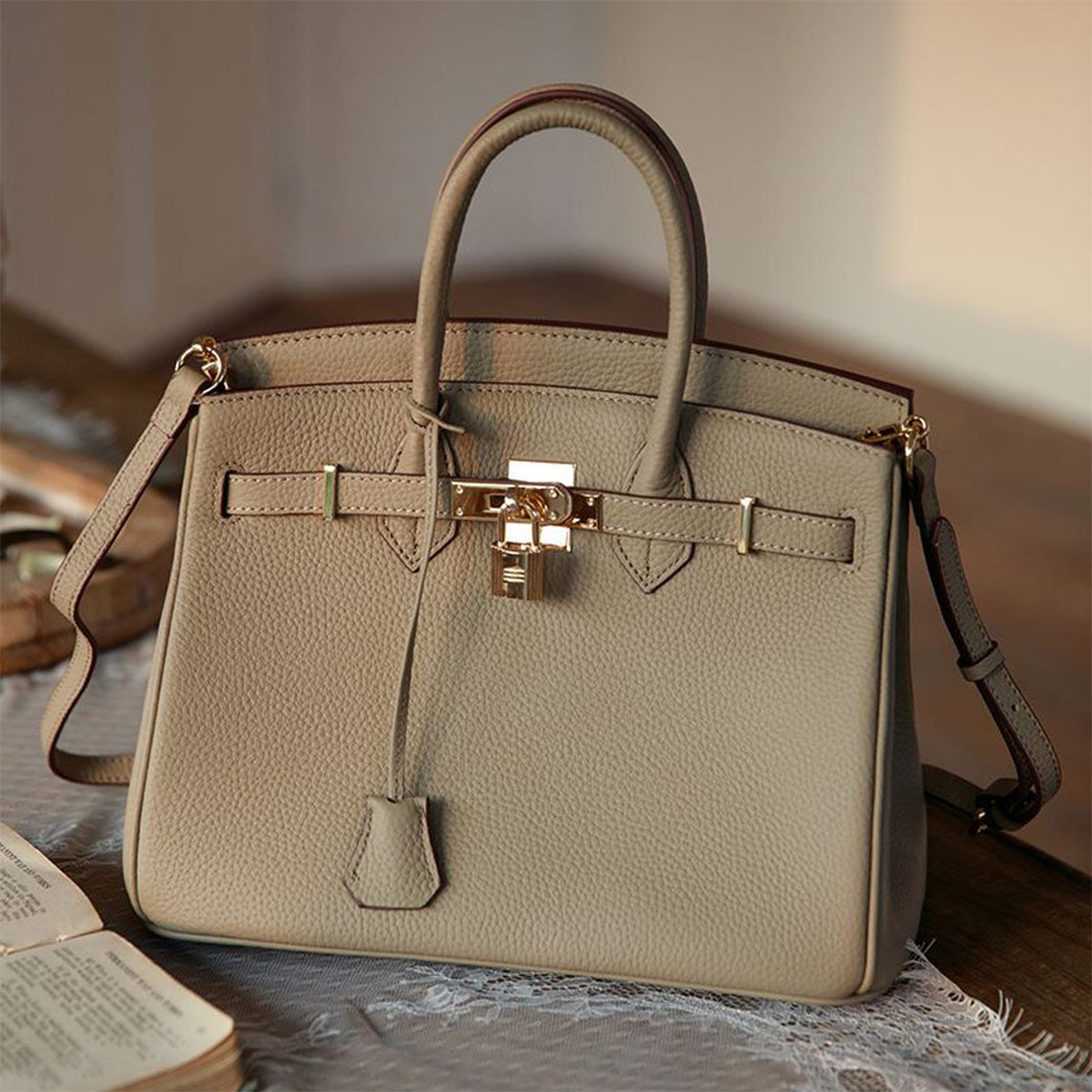 Top Grain Leather Top Handle Bag with Gold Hardware and Lock & Key detail image 7
