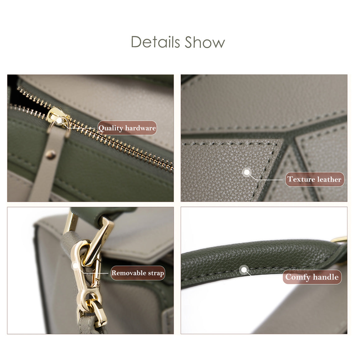 Handsewgift Leather Geometry Crossbody Bag DIY Kit - Green & Grey or Brown, Large detail image 5