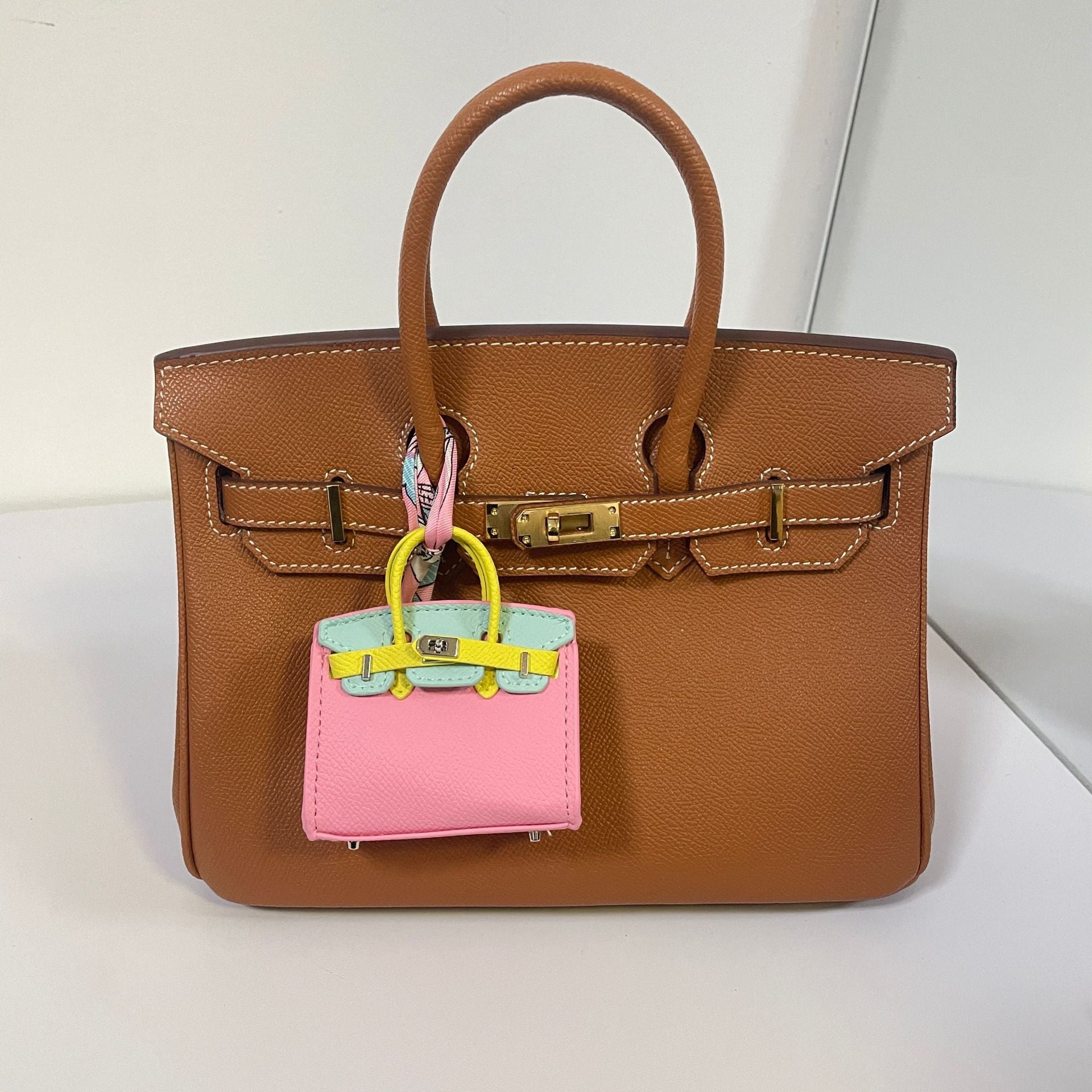 Mini Top Handle Bag Charm Keychain with AirPods Holder in PU Leather, 8cm Wide, Multi-Color Options detail image 1