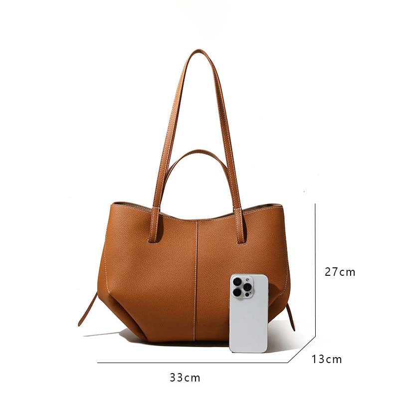 Genuine Leather Pleated Tote Bag with Matching Pouch – Large Capacity Handbag detail image 2