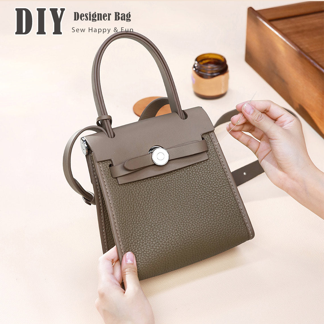 HandsewGift Top Grain Leather and Canvas Mini Tote DIY Kit detail image 1
