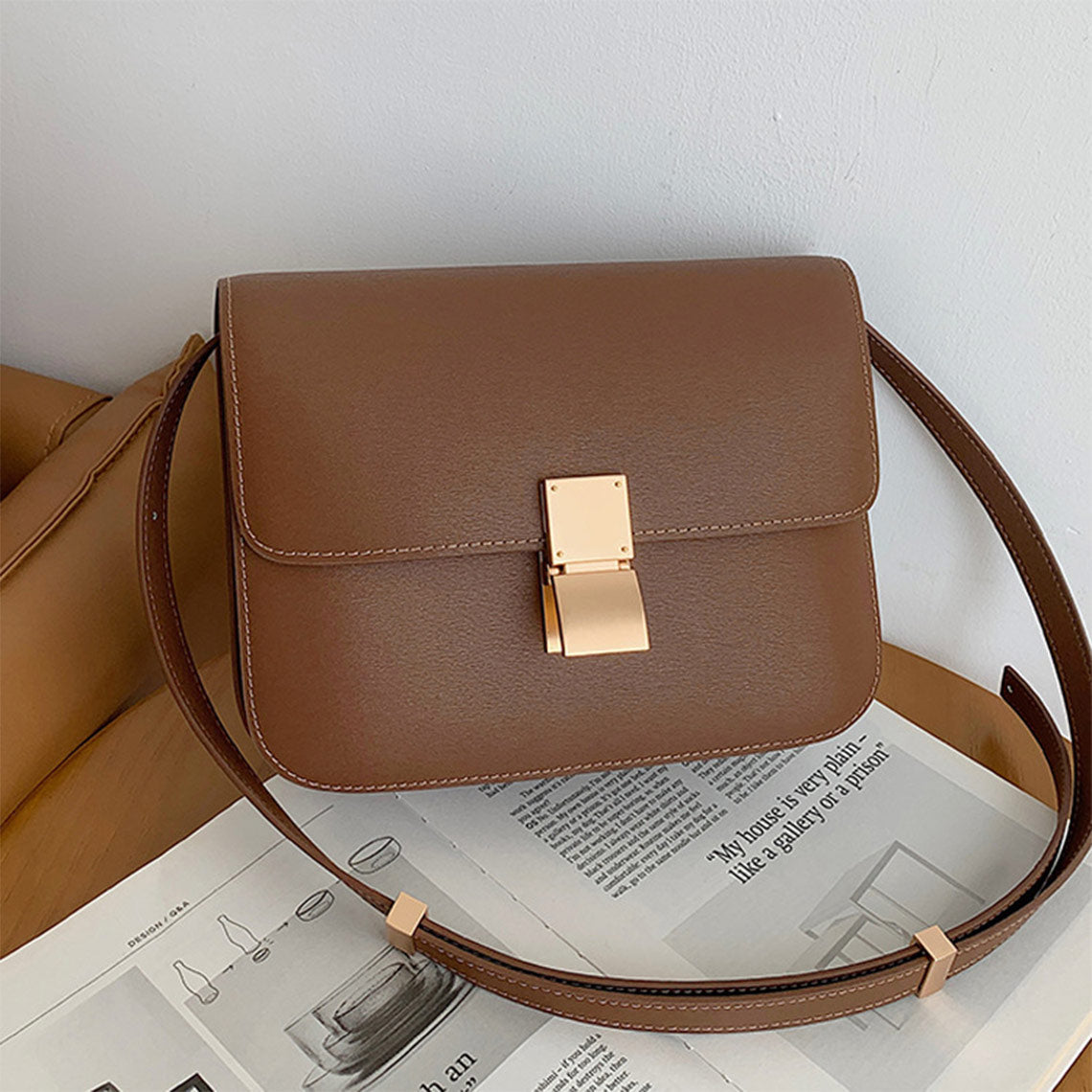 Textured Leather Tofu Box Bag – Small/Medium, Brown/Black/Beige detail image 1