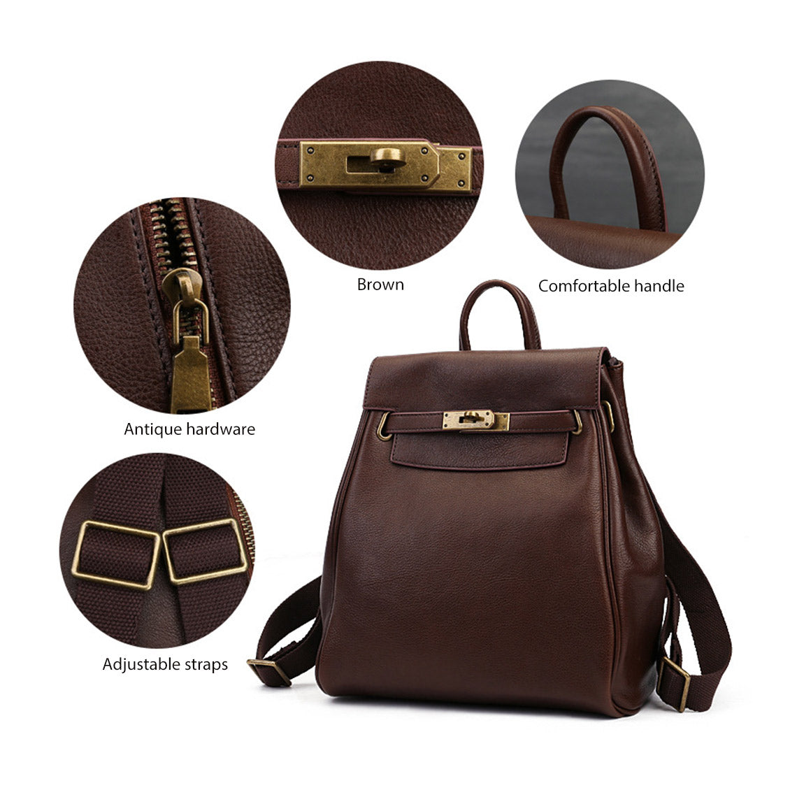 Top Grain Leather Classic Backpack for Women in Brown or Black detail image 5