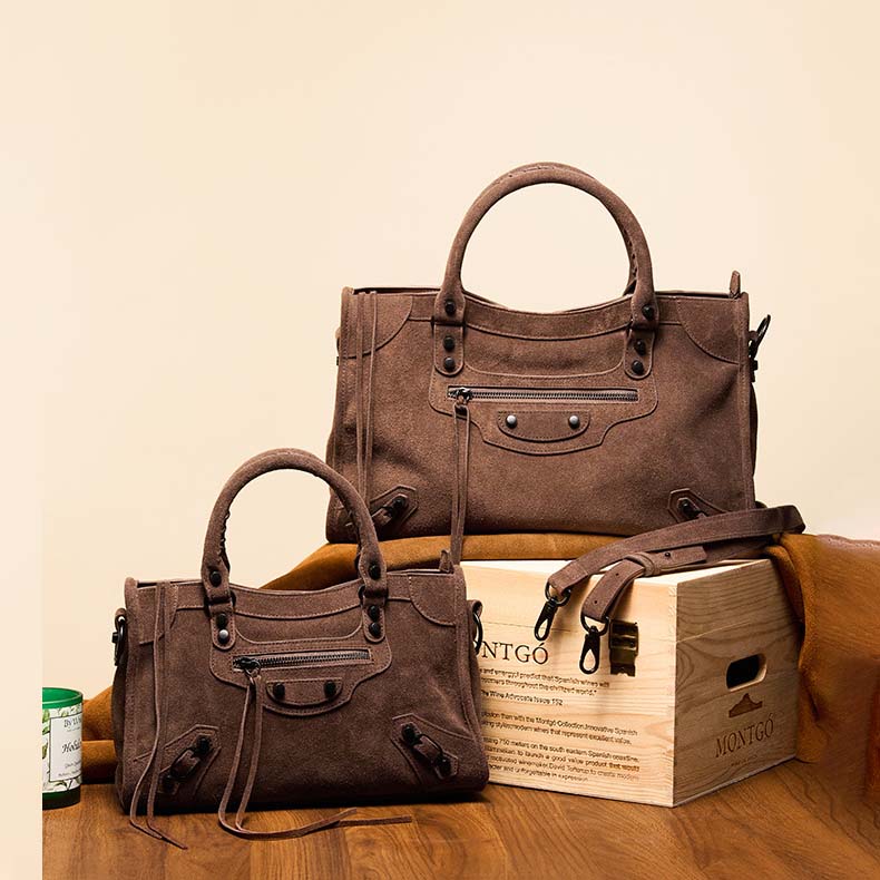 Nubuck Leather Moto City Tote Bag - Large Studded Hobo Purse product image 1