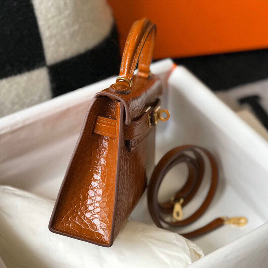 Croc Embossed Leather Mini Top Handle Bag with Detachable Strap detail image 5