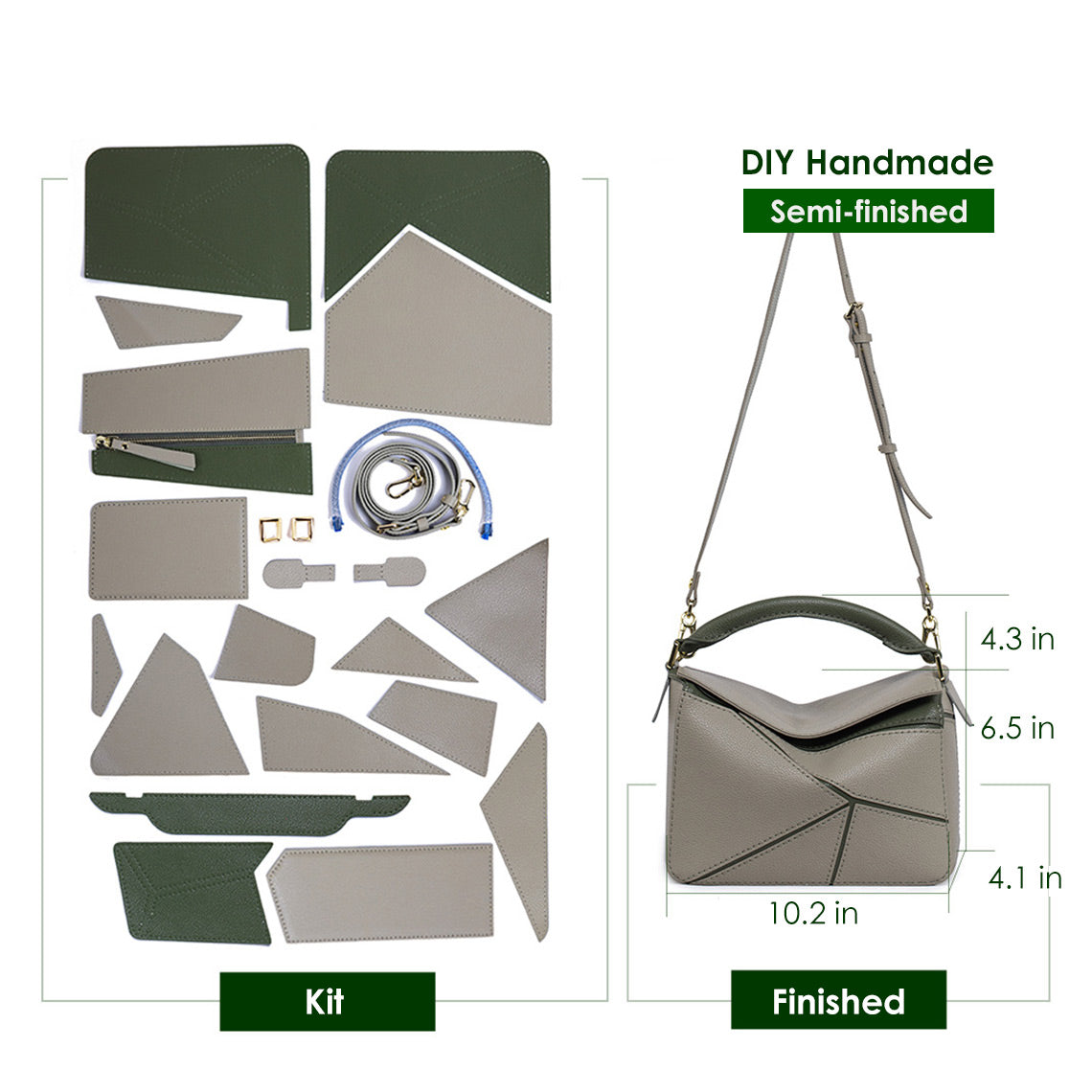 Handsewgift Leather Geometry Crossbody Bag DIY Kit - Green & Grey or Brown, Large product image 1