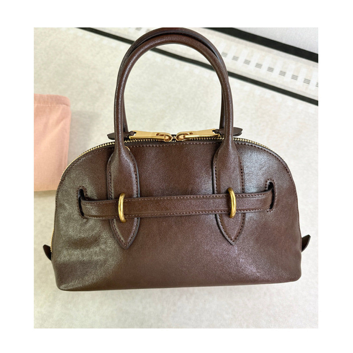 Leather Retro Bowling Top Handle Bag in Black, Saddle Brown, Coffee Brown detail image 11