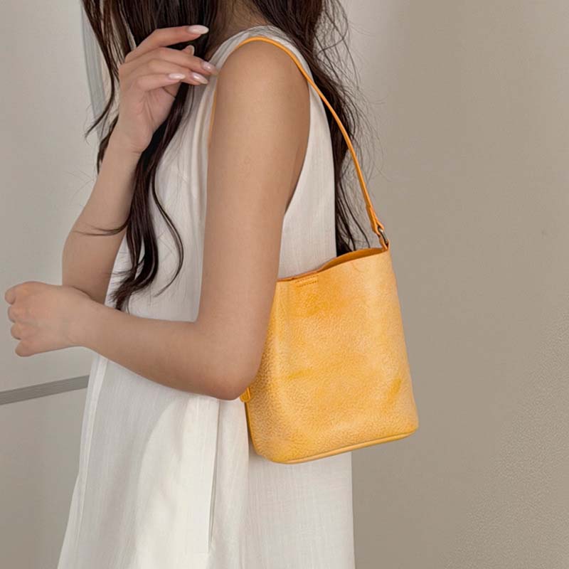 Genuine Leather Mini Bucket Bag with Adjustable Strap | Mint Green, Lilac Purple, Sakura Pink, Yellow detail image 5