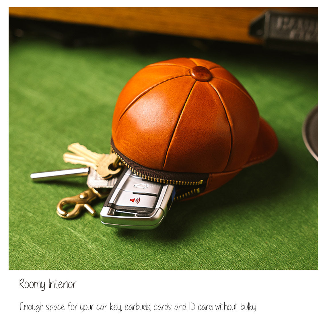 Vegetable Tanned Leather Baseball Cap Purse for AirPods – Brown, Coffee, Black, Amy Green detail image 3