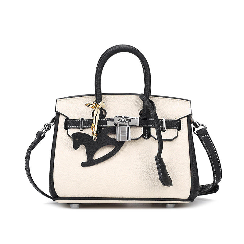 Bi-Color Top Handle Leather Bag in Mini and Small Sizes with Silver Hardware detail image 8