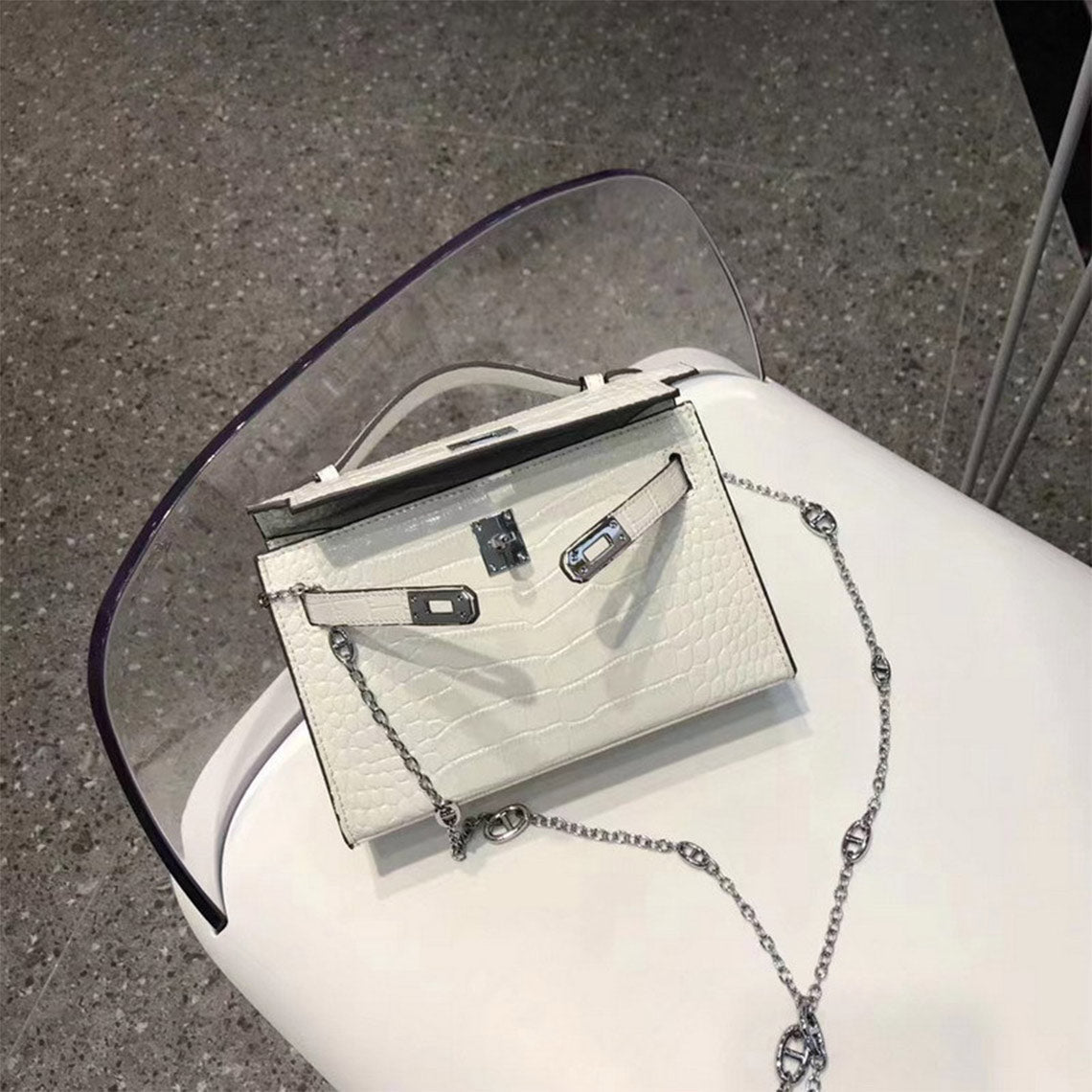 Top Grain Leather Top Handle Clutch Bag with Detachable Chain detail image 12