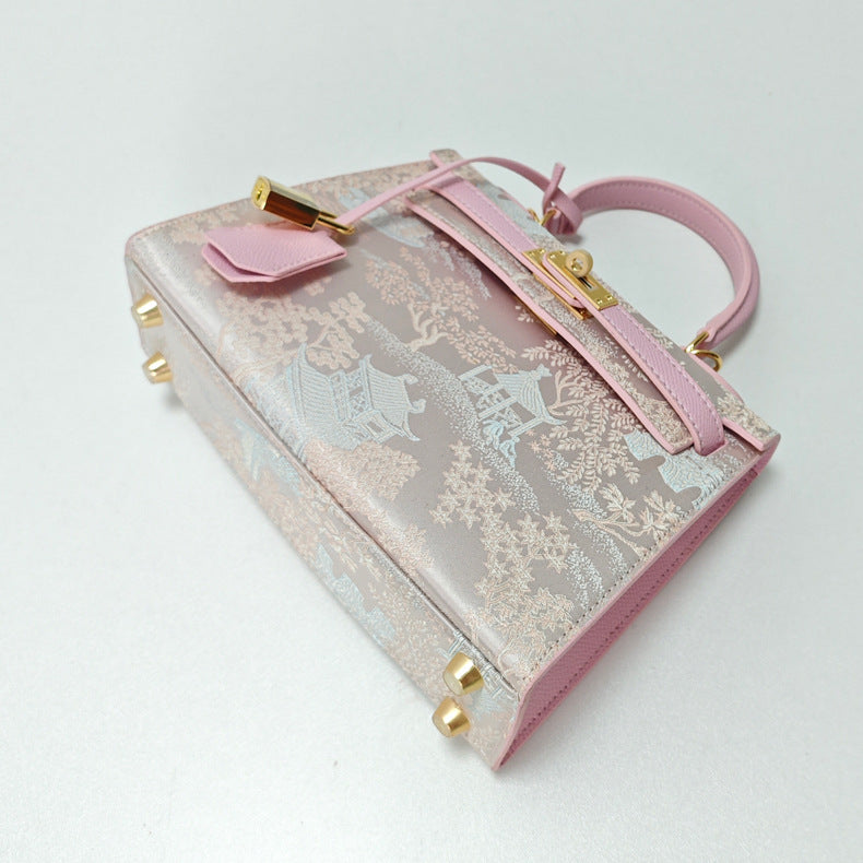 New Chinese Style Song Brocade Top-Handle Bag – Pink / Gold Brown detail image 4
