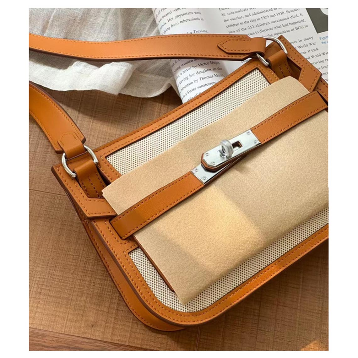 Canvas and Leather Mini Messenger Crossbody Bag in Black, Rouge, Deep Grey, Brown detail image 3