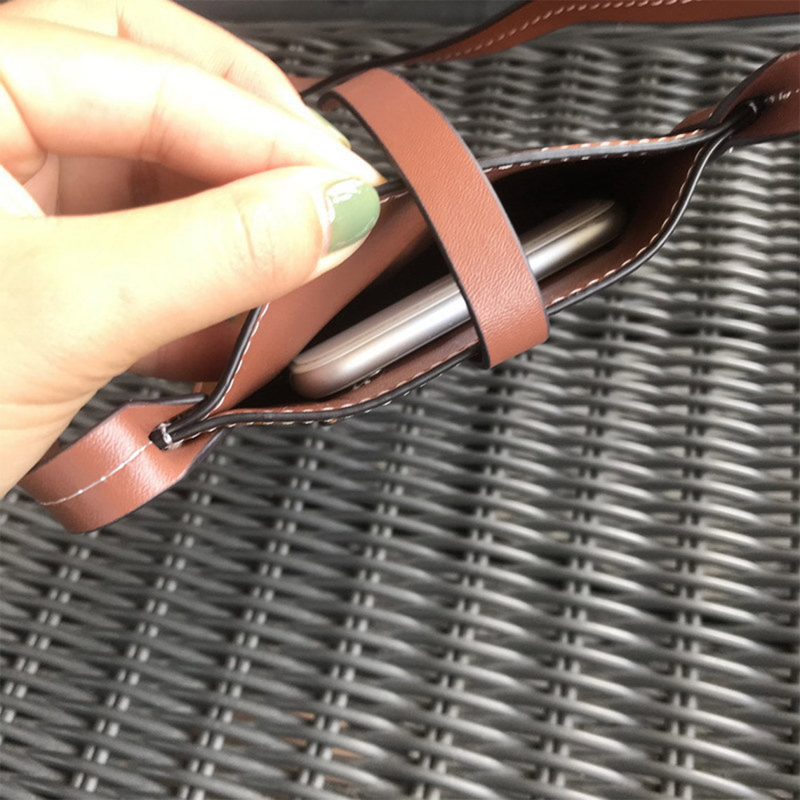 Top Grain Leather Strap Phone Bag in Brown, Khaki, Black, Yellow, Orange detail image 3