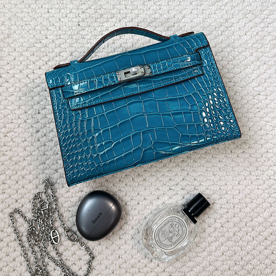 Top Grain Leather Top Handle Clutch Bag with Detachable Chain detail image 5