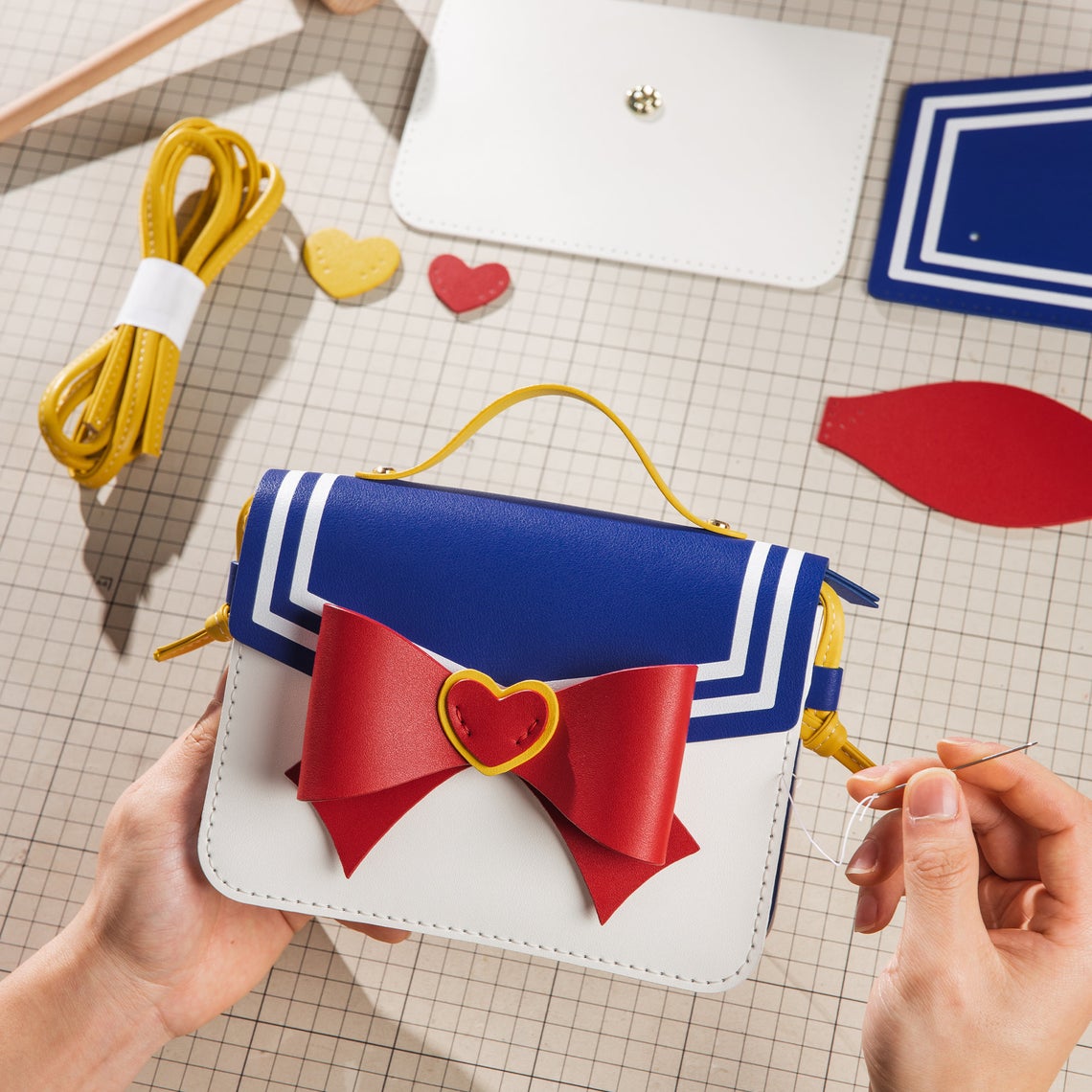 Handmade Leather Crossbody Bag DIY Kit with Anime Style Bowknot detail image 1