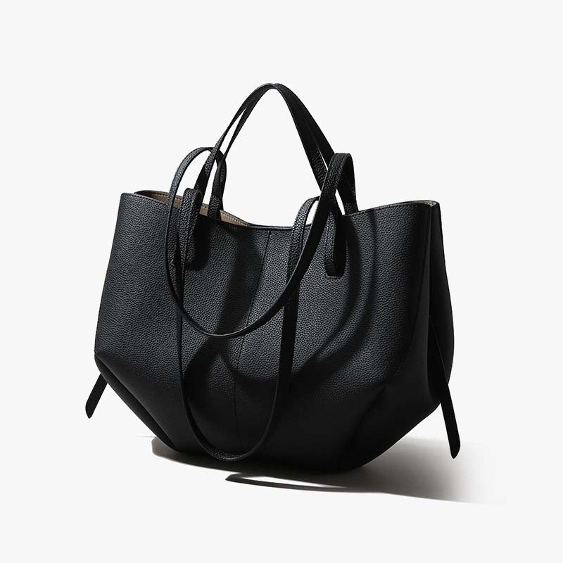 Genuine Leather Pleated Tote Bag with Matching Pouch – Large Capacity Handbag detail image 9