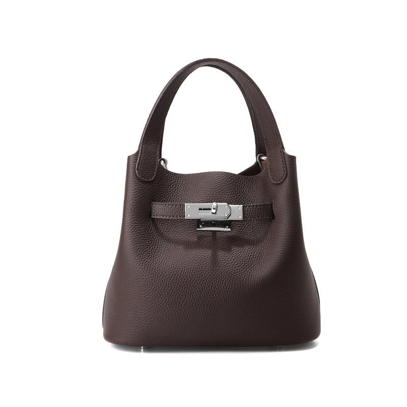 Small Pebbled Leather Handbag with Silver Hardware and Adjustable Strap detail image 3