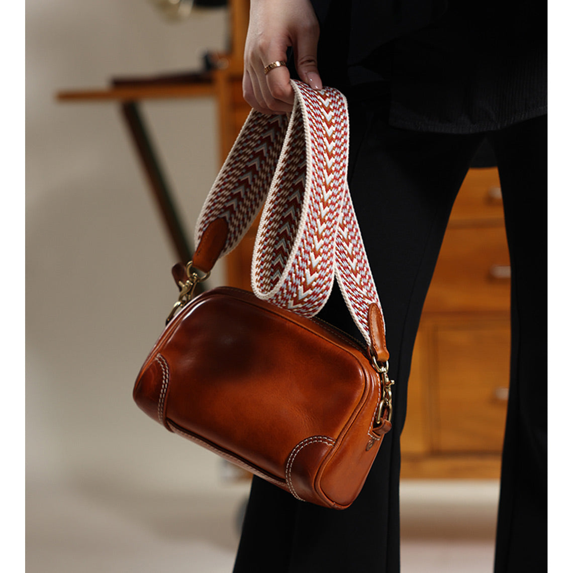 Handmade Full Grain Leather Webbing Strap – 5 cm Wide, Brass Clips, 3 Sizes detail image 5
