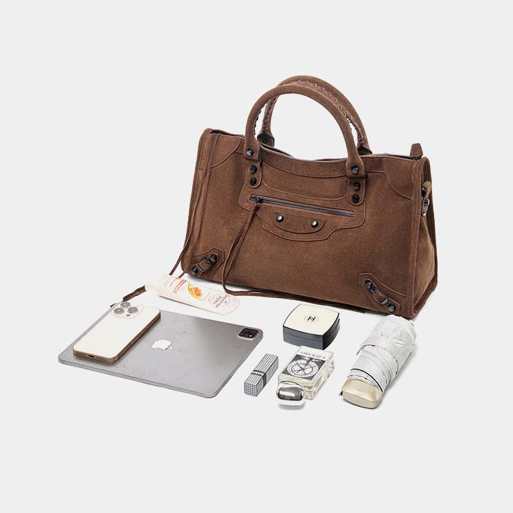 Nubuck Leather Moto City Tote Bag - Large Studded Hobo Purse detail image 9
