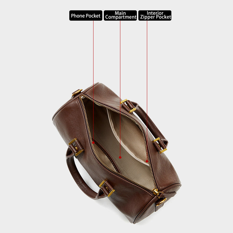 Top Grain Leather Boston Bag | Retro Handbag for Women detail image 2