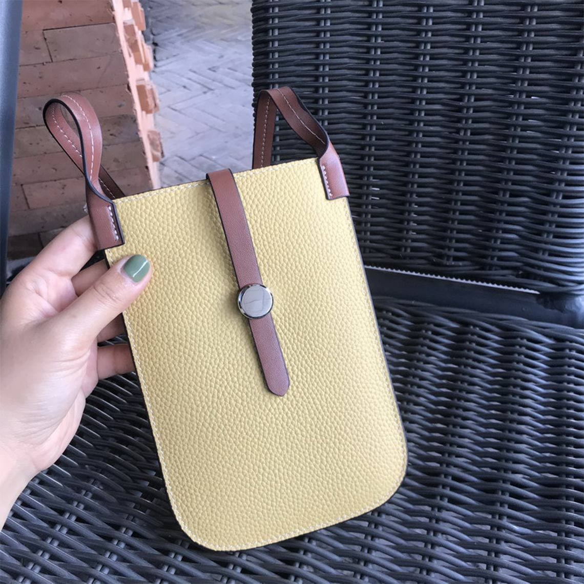 Top Grain Leather Strap Phone Bag in Brown, Khaki, Black, Yellow, Orange detail image 4