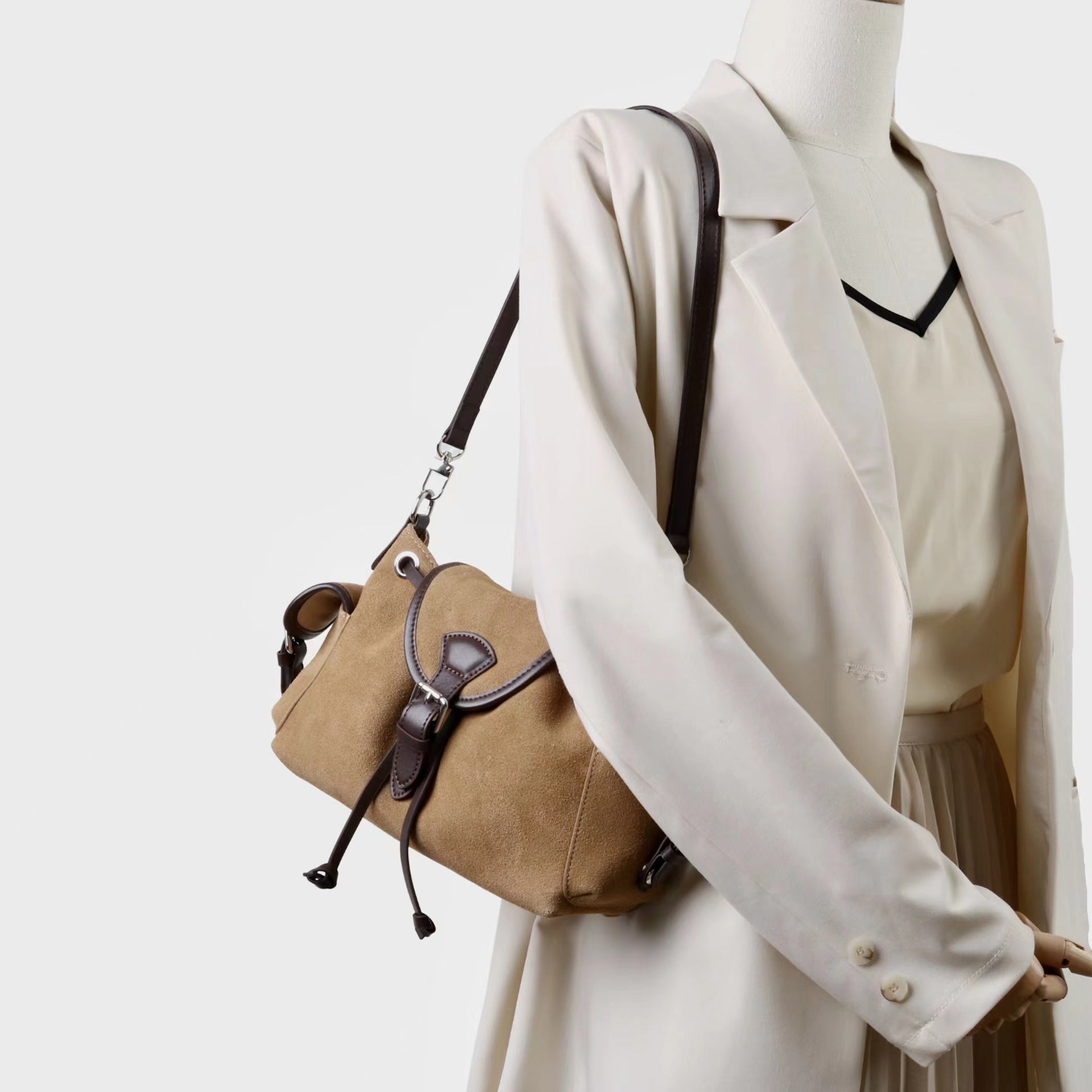 Suede Multi-Pocket Crossbody Bag with Drawstring & Buckle Closure detail image 4