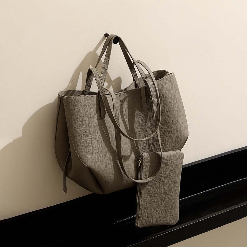 Genuine Leather Pleated Tote Bag with Matching Pouch – Large Capacity Handbag detail image 12