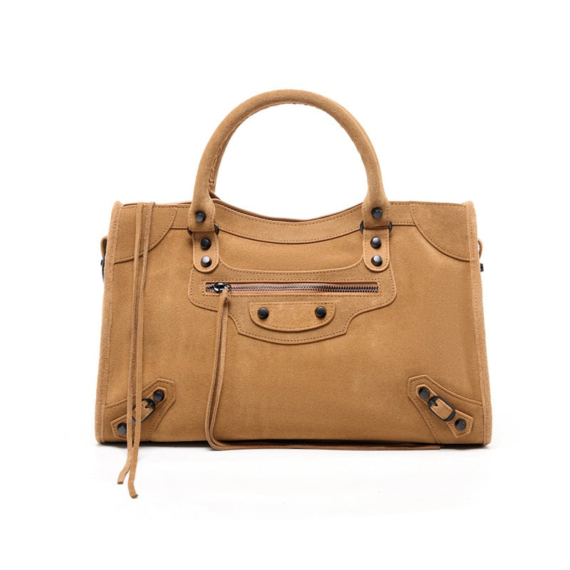 Nubuck Leather Moto City Tote Bag - Large Studded Hobo Purse detail image 10