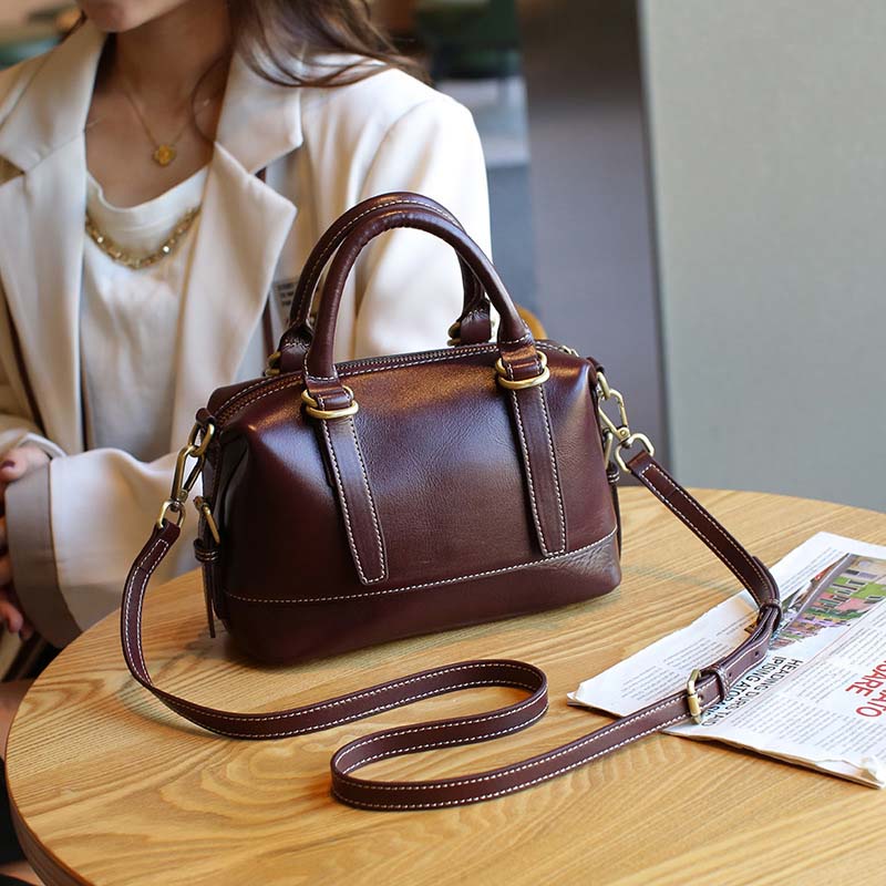 Vegetable-tanned Leather Boston Bag | Cowhide Crossbody Handbag detail image 7
