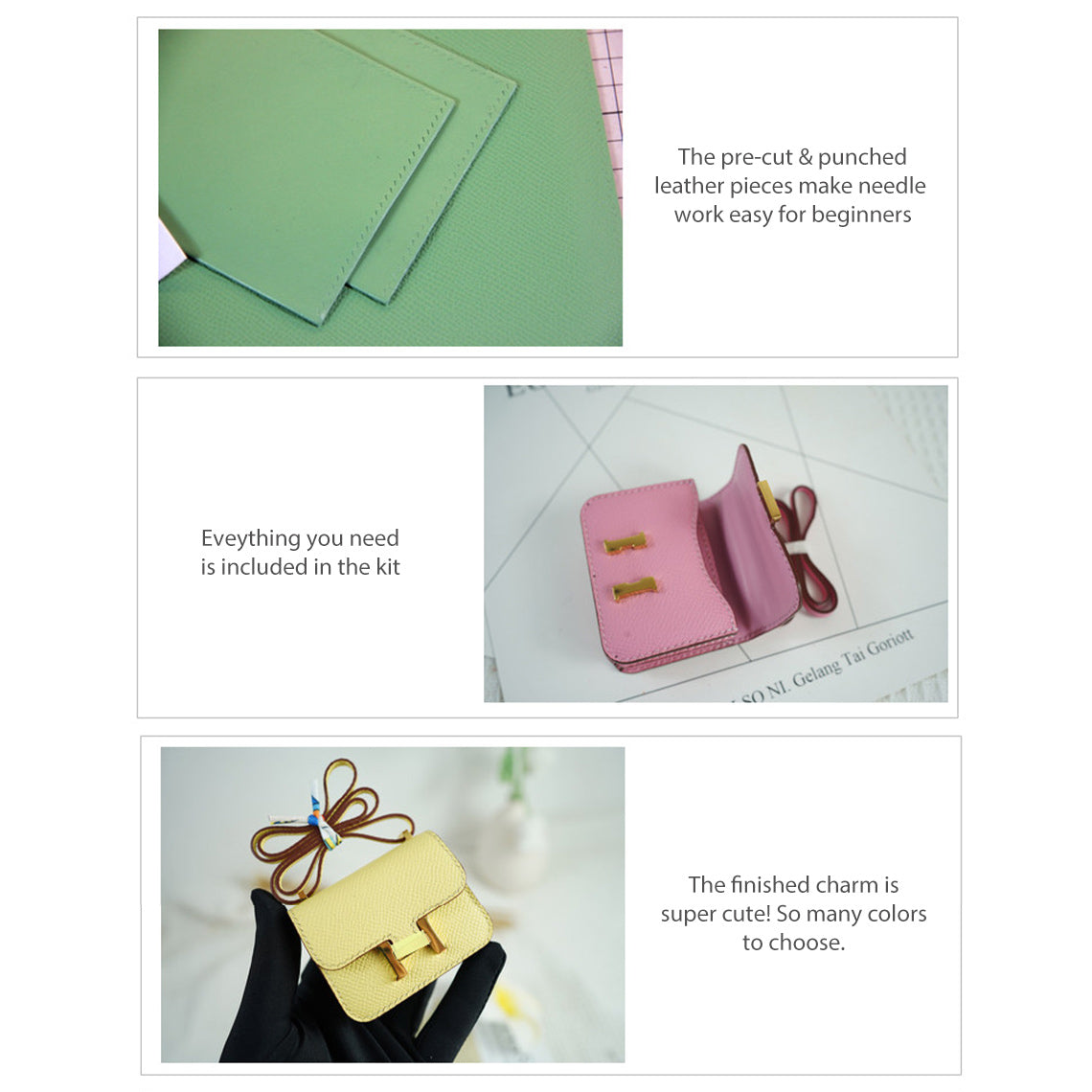 Full Grain Leather Mini Tofu Bag Charm DIY Kit with Pre-Cut Panels detail image 5