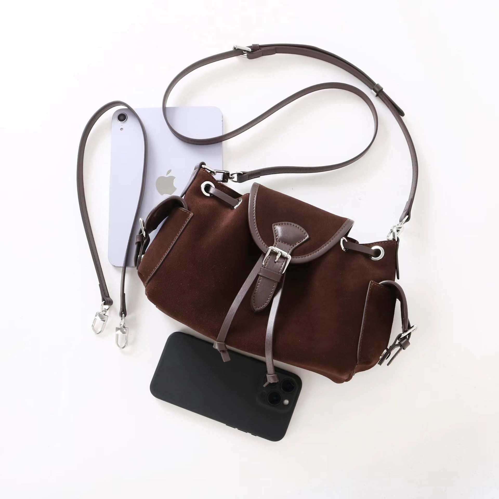 Suede Multi-Pocket Crossbody Bag with Drawstring & Buckle Closure detail image 7