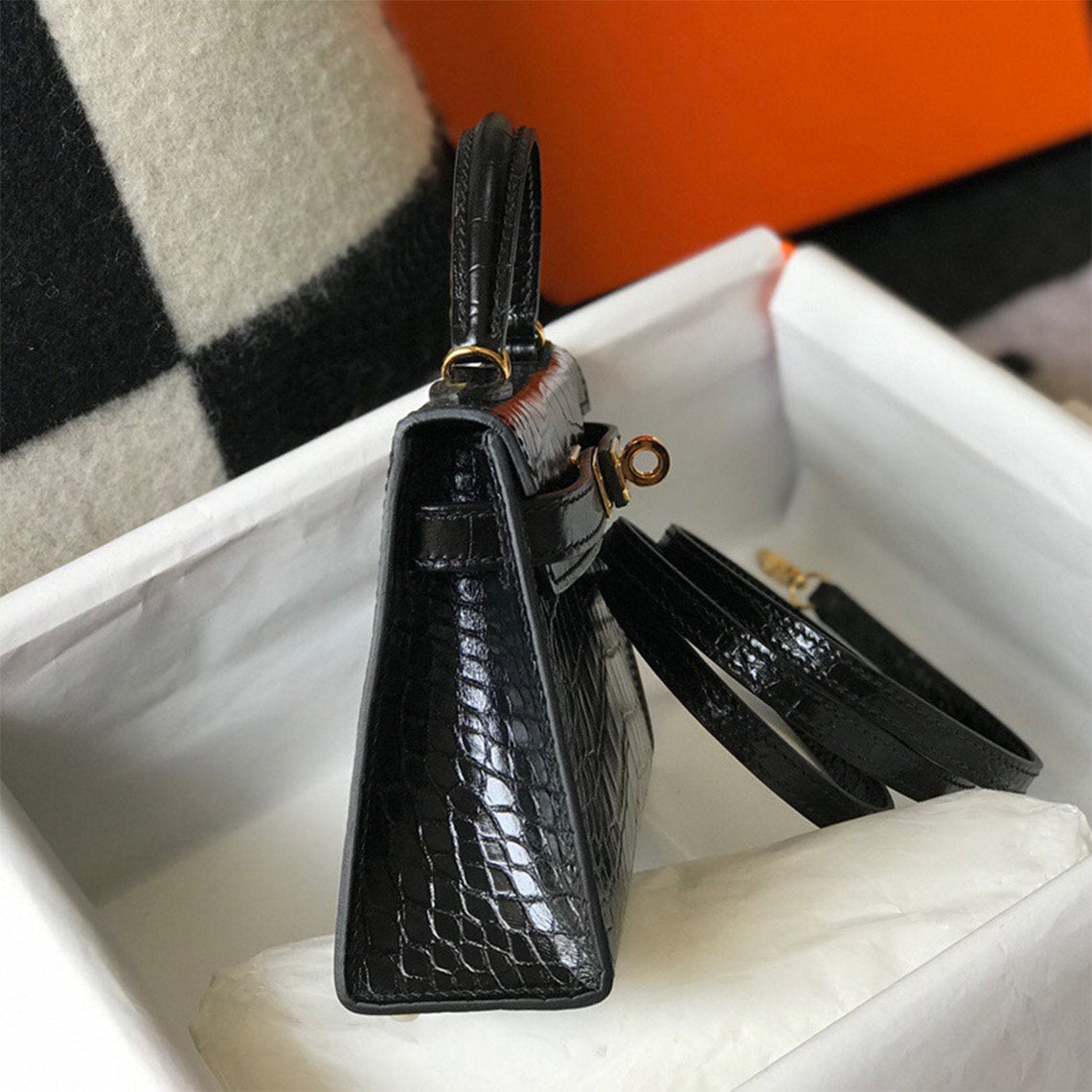 Croc Embossed Leather Mini Top Handle Bag with Detachable Strap detail image 9