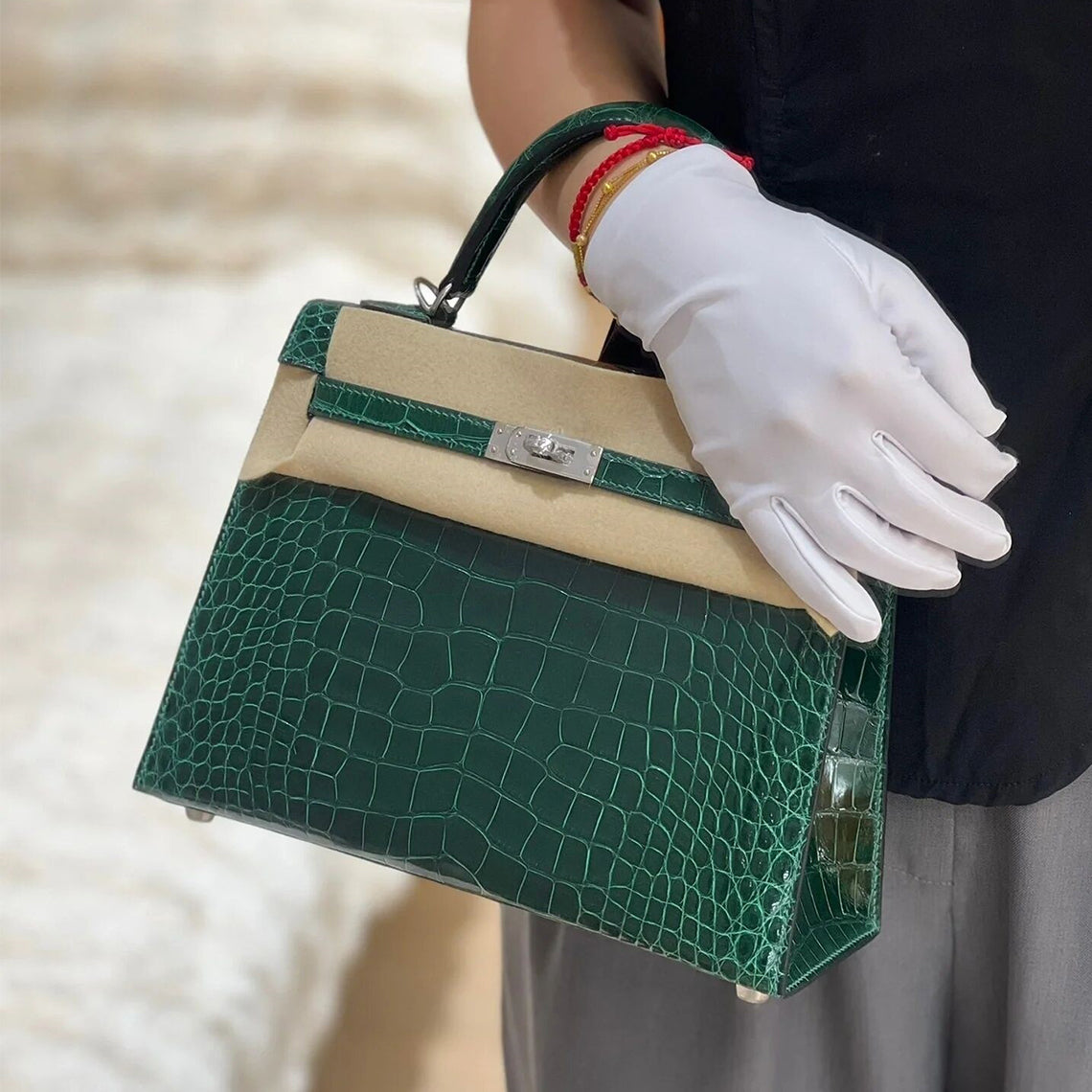 Crocodile Embossed Top Grain Leather Handbag with Silver Hardware detail image 4