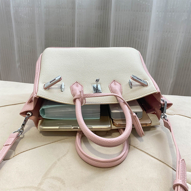 Bi-Color Top Handle Leather Bag in Mini and Small Sizes with Silver Hardware detail image 3