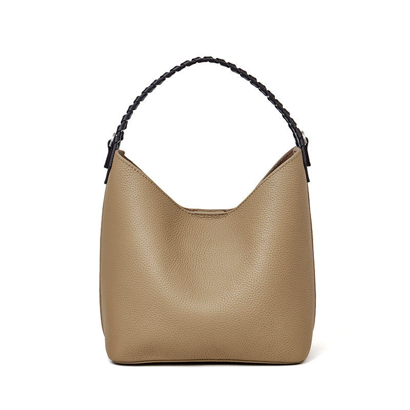 Premium Soft Top Grain Leather Bucket Bag - Minimalist Hobo Tote with Inner Pouch detail image 1