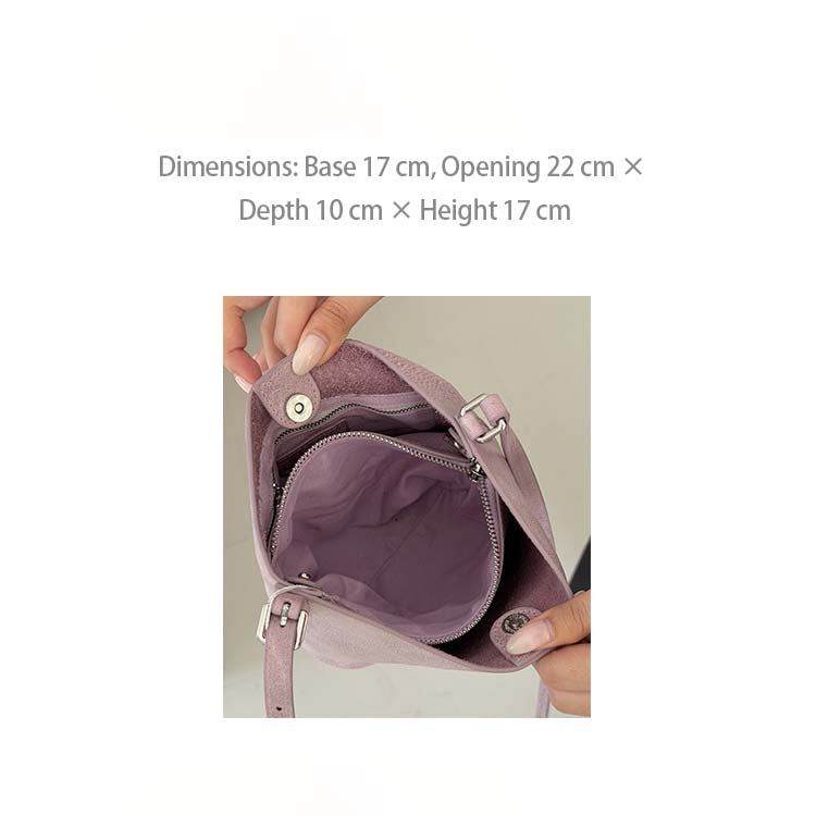 Genuine Leather Mini Bucket Bag with Adjustable Strap | Mint Green, Lilac Purple, Sakura Pink, Yellow detail image 7