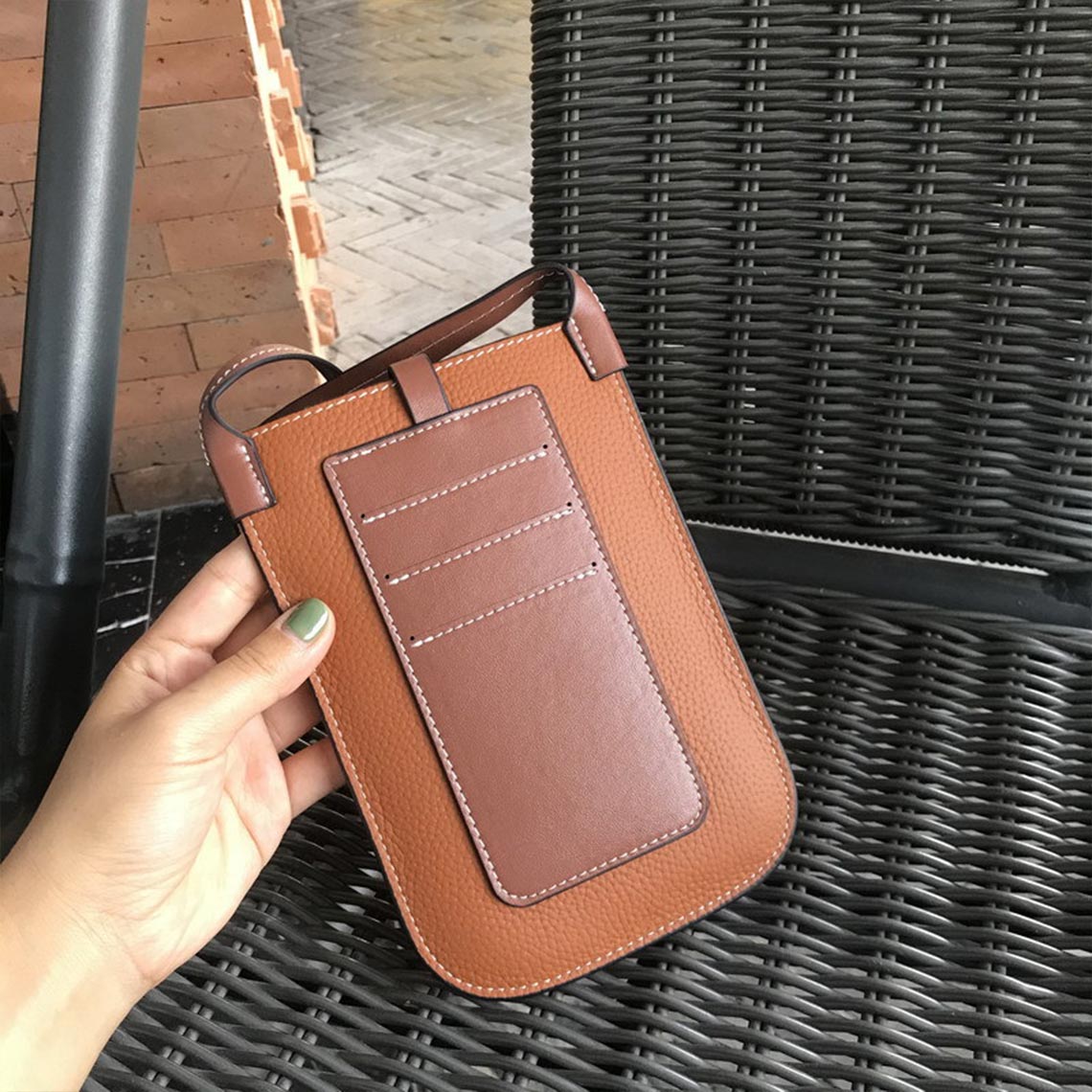 Top Grain Leather Strap Phone Bag in Brown, Khaki, Black, Yellow, Orange detail image 1