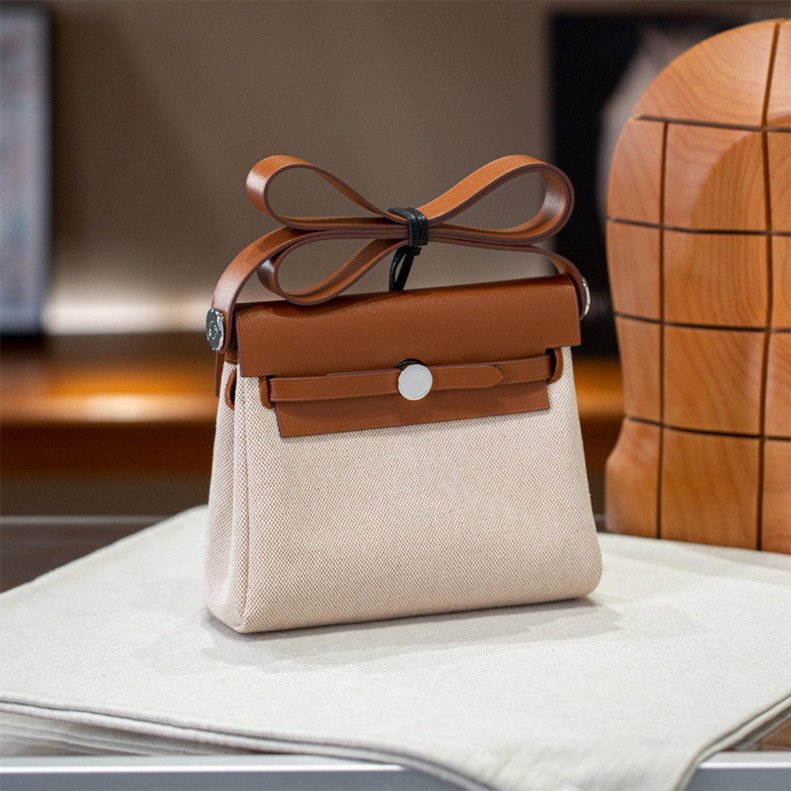 Leather Trim Mini Canvas Tote Shoulder Bag detail image 1