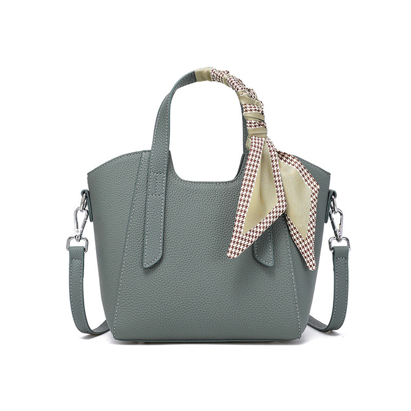 Pebbled Grain Leather Mini Bucket Bag with Floral Scarf detail image 8