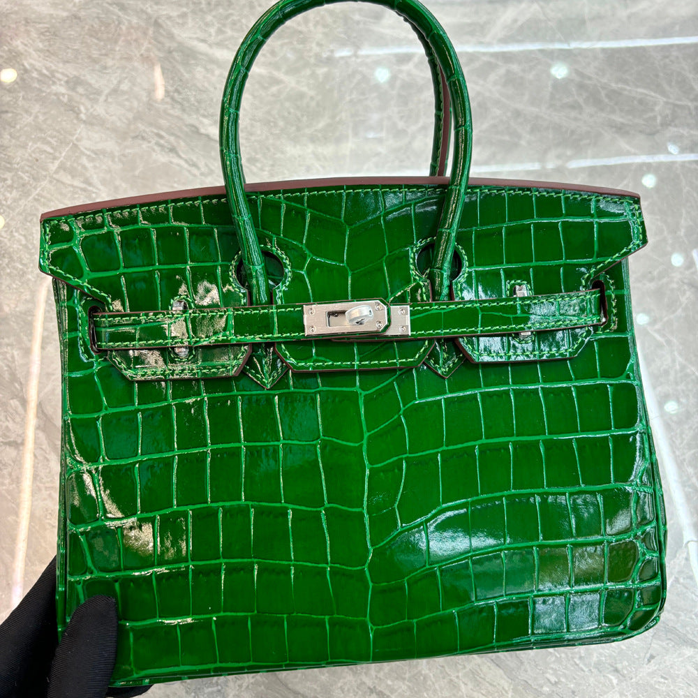 Crocodile Pattern Glossy Leather Handbag with Detachable Strap detail image 7