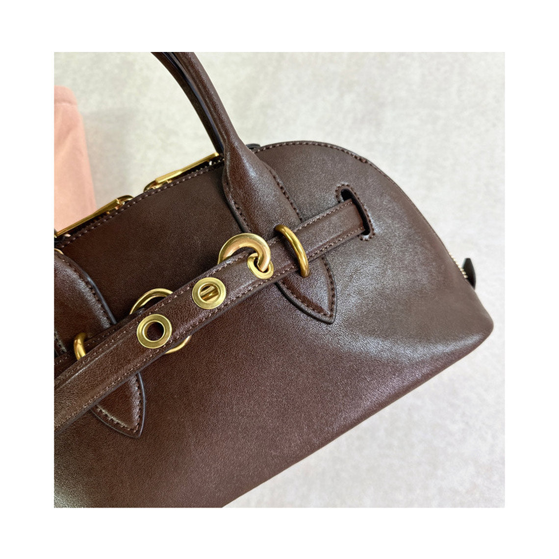 Leather Retro Bowling Top Handle Bag in Black, Saddle Brown, Coffee Brown detail image 7