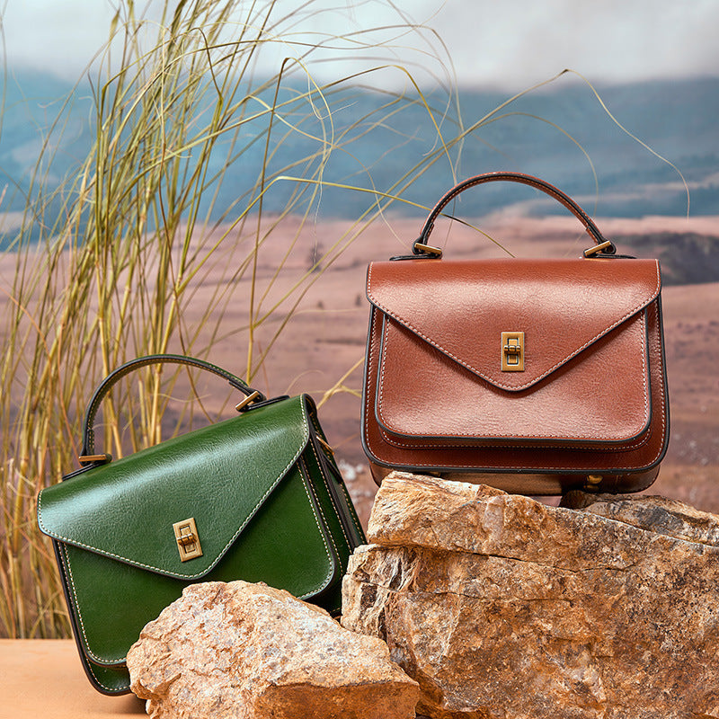 Vegetable Tanned Cowhide Leather Handbag | Black, Dark Brown, Jade Green detail image 8