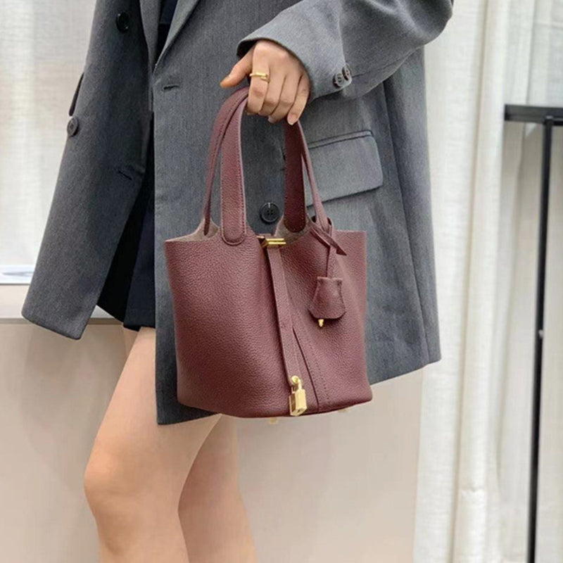 Top Grain Leather Mini Tote Bag with Lock – Small Size, Multiple Colors detail image 6